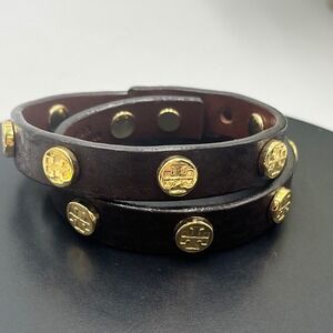 Tory Burch Jewelry Leather Brown Double Wrap Gold Logo Bracelet Made in USA